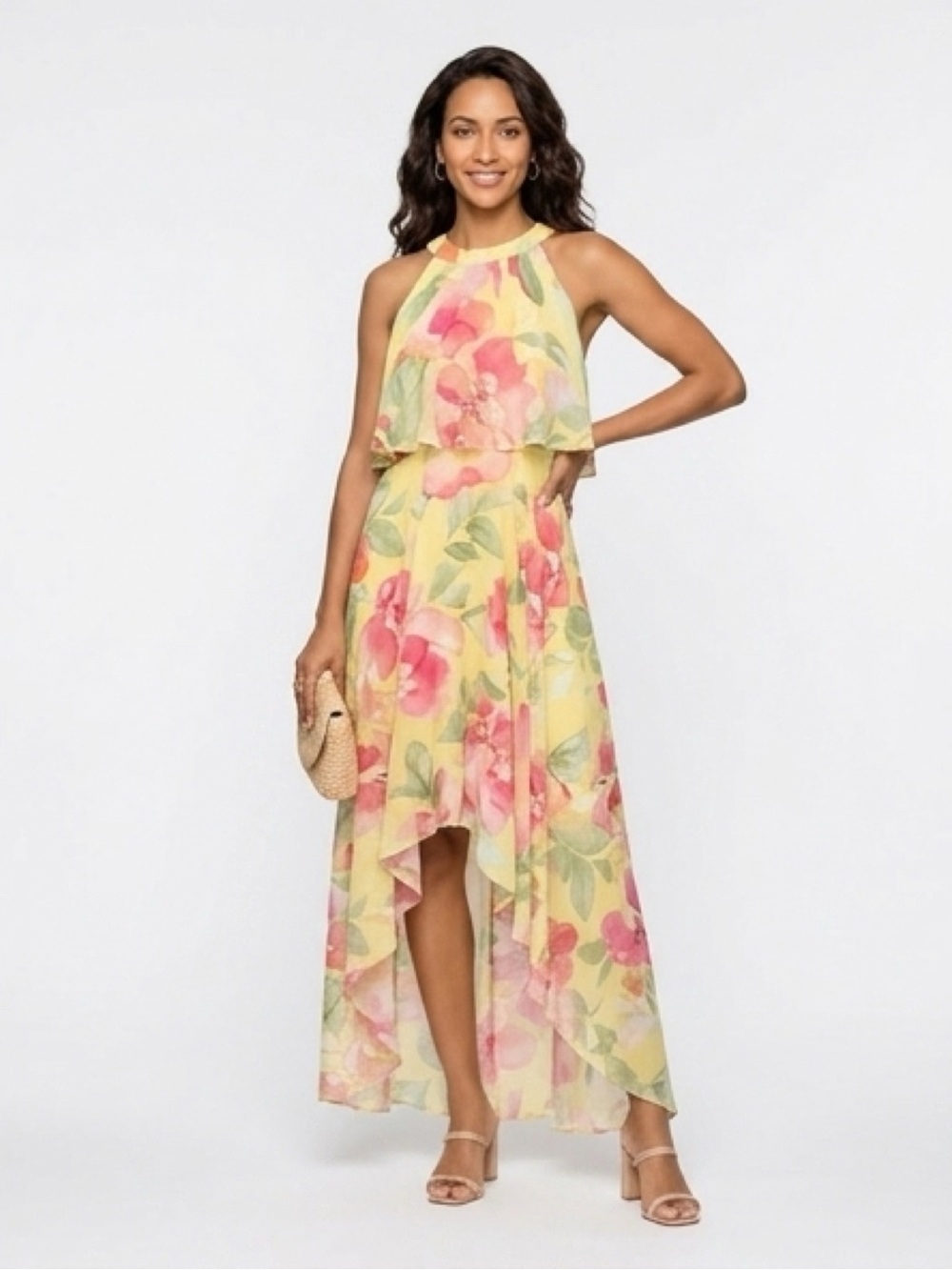 Eliza J Yellow Floral Halter High-Low Maxi Dress